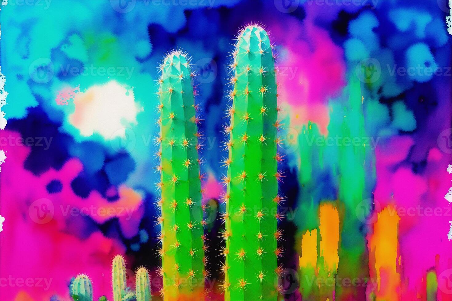 A colorful picture of a variety of cactuses. A colorful cactus painting. Watercolor paint. Digital art, photo