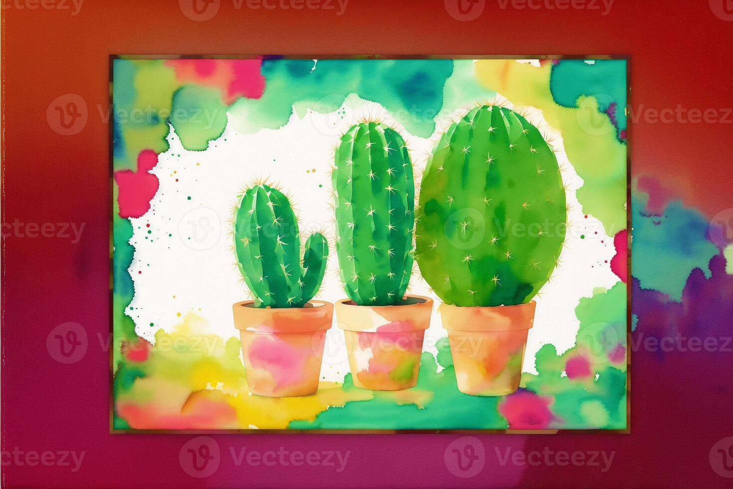 A colorful picture of a variety of cactuses. A colorful cactus painting. Watercolor paint. Digital art, photo