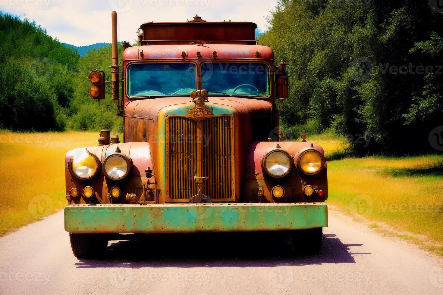 A colorful truck. A colorful painting of a truck with a rainbow. colored trailer. Watercolor paint. Digital art, photo