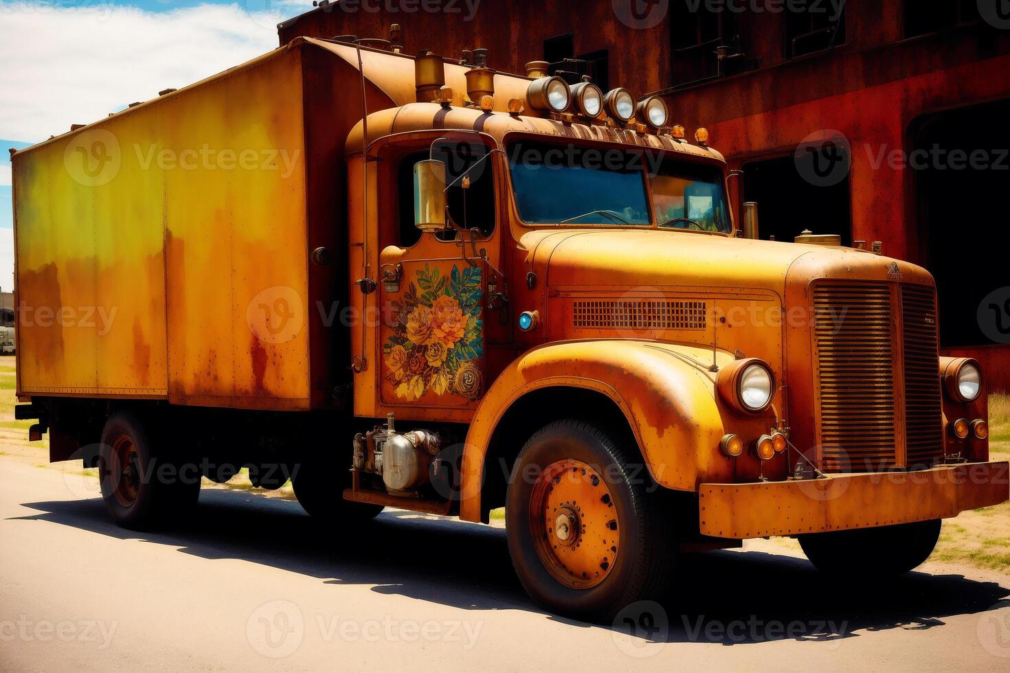 A colorful truck. A colorful painting of a truck with a rainbow. colored trailer. Watercolor paint. Digital art, photo