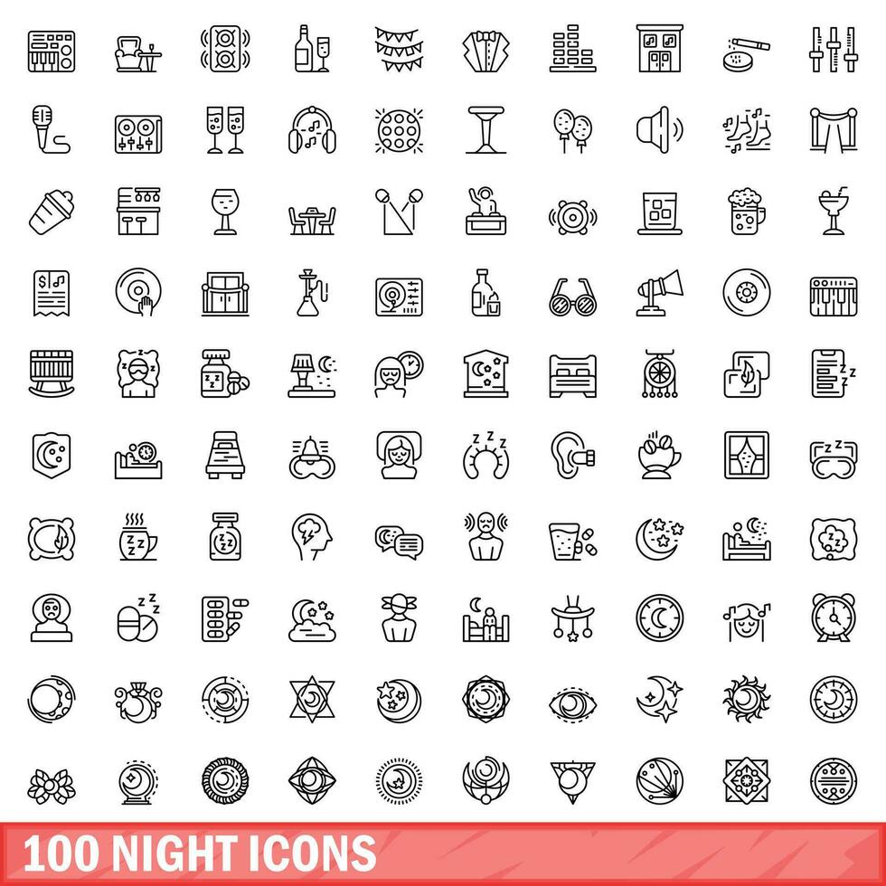 100 night icons set, outline style vector