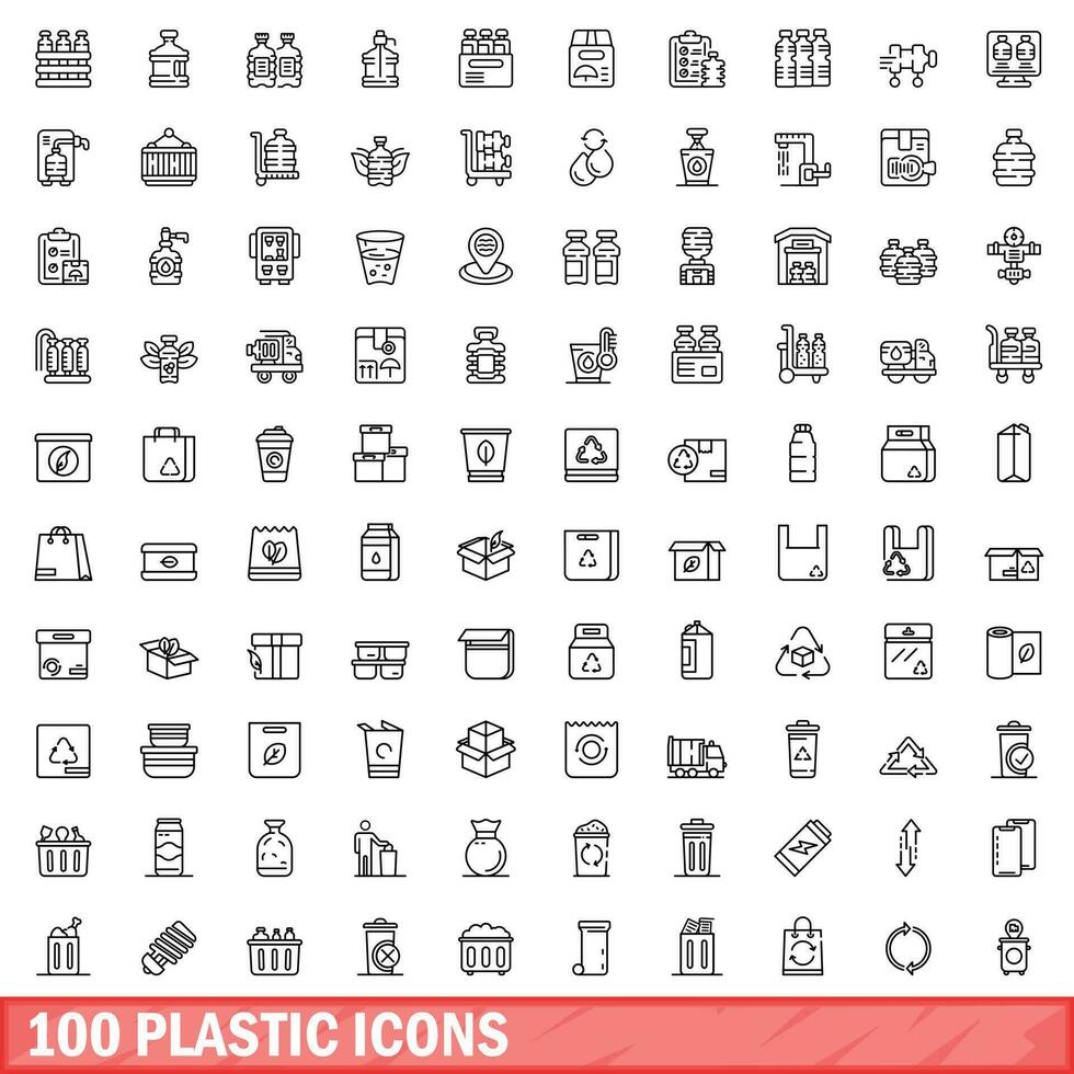 100 plastic icons set, outline style vector