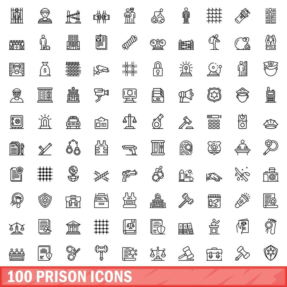 100 prison icons set, outline style vector