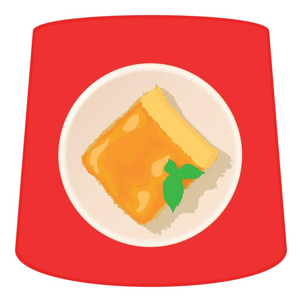 albaricoque tarta de queso icono isométrica vector. albaricoque pastel en rojo el plastico mesa icono vector