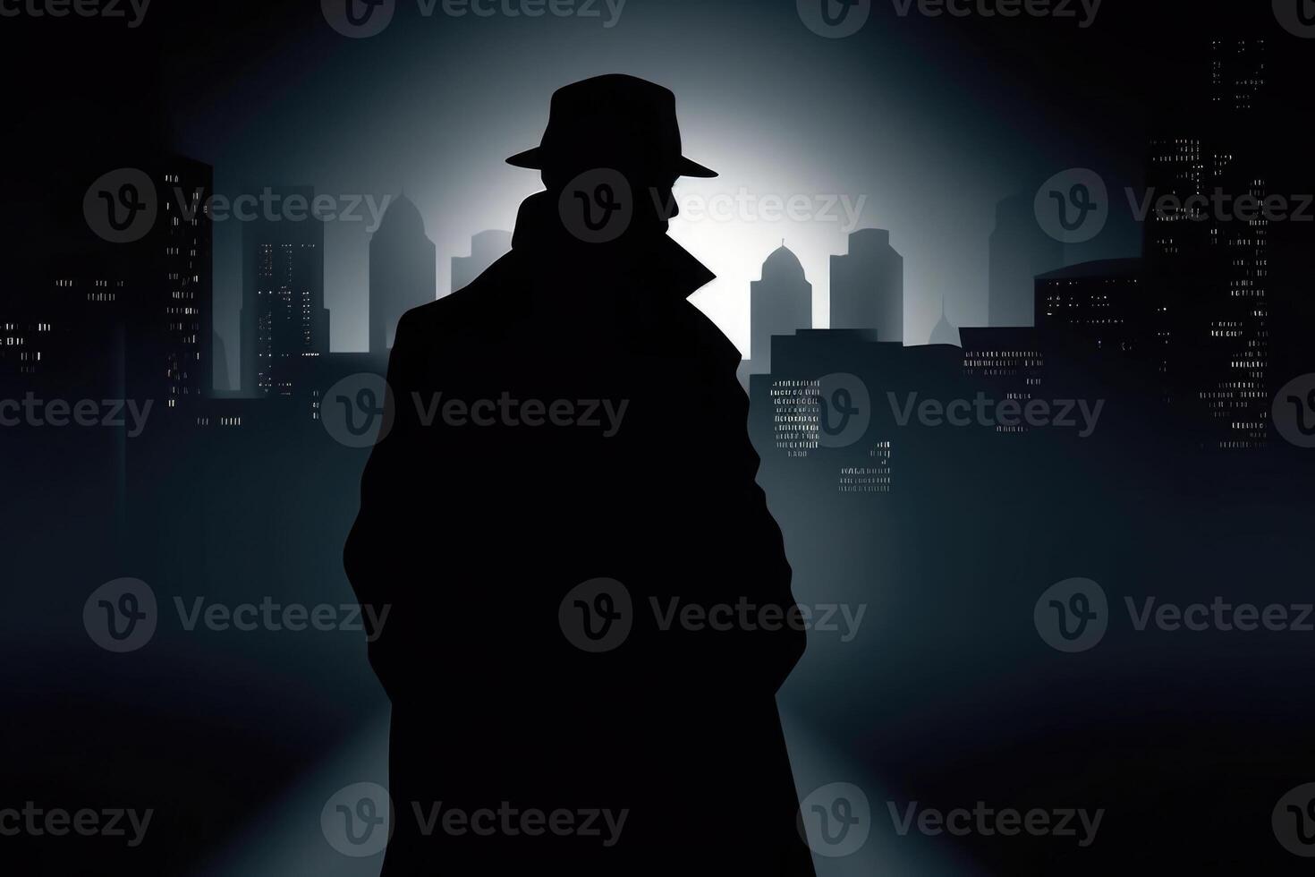 Silhouette of man in old fashioned hat and coat at night street. photo