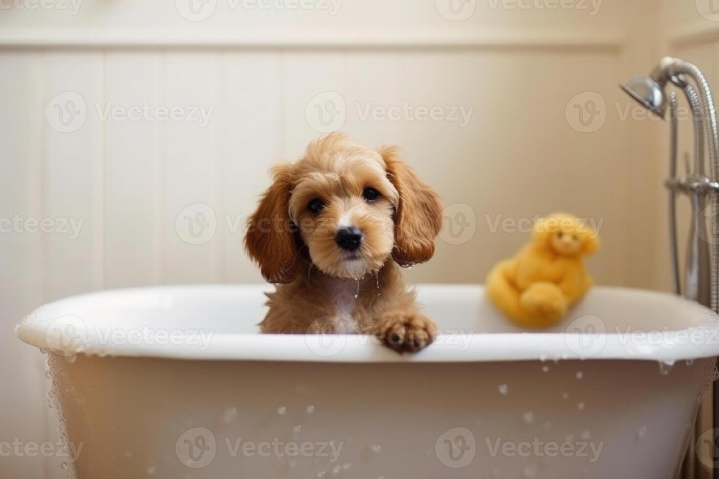 Washing pet. Cute dog in bath with shampoo foam. photo