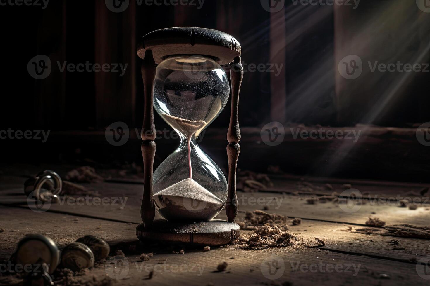 Hourglass on dark background, Time is running out. photo