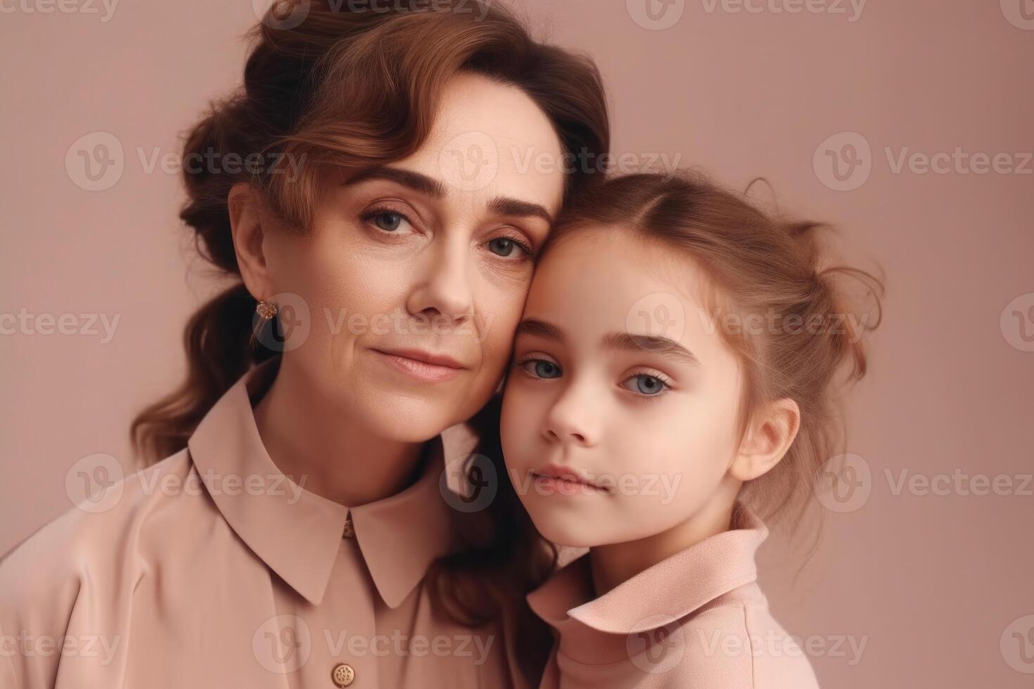 madre y hija retrato en rosado antecedentes. generativo ai foto