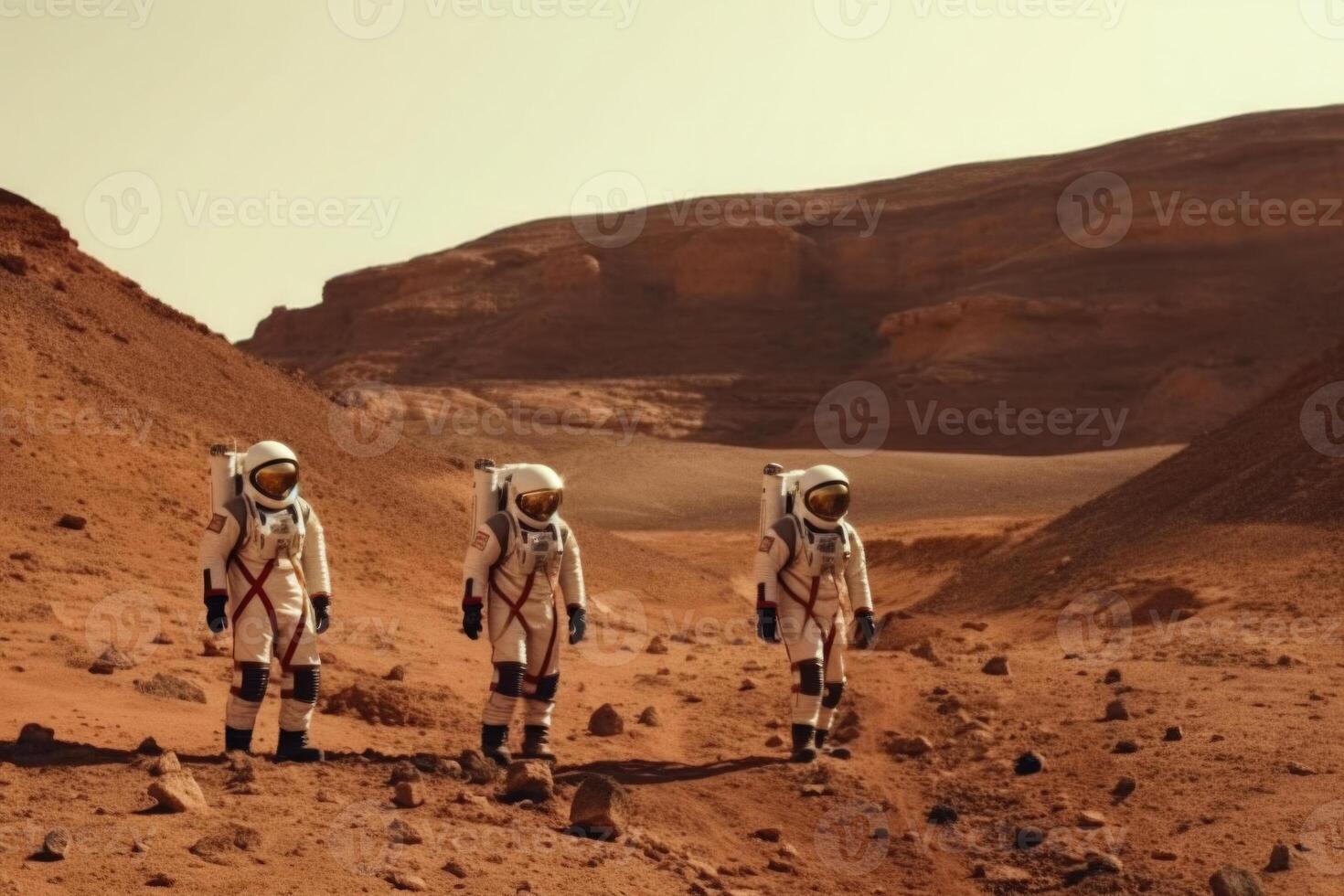 Astronauts wearing space suits walking on red planet. photo