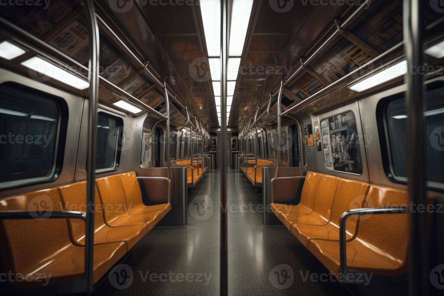 Interior of empty subway train wagon. Public transport. photo