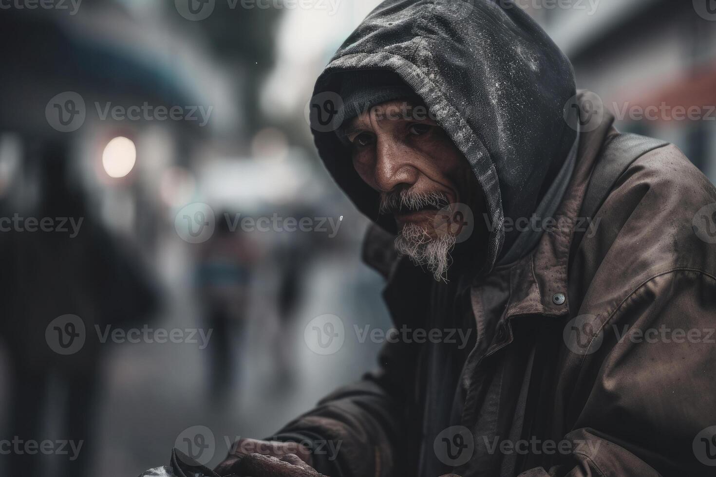 Vagabundo hombre retrato. Envejecido barbado hombre. generativo ai foto