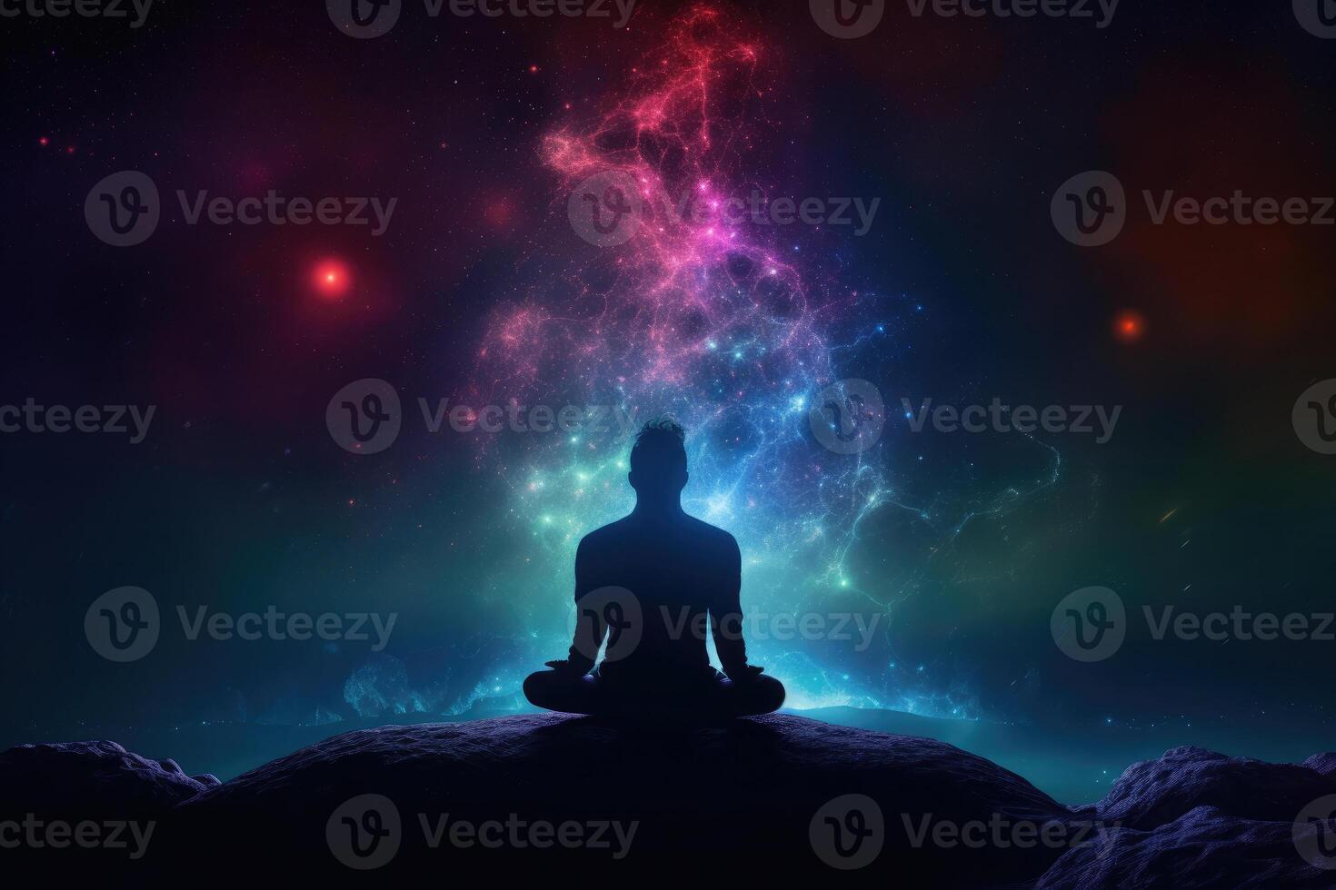 Body silhouette in lotus pose against cosmic background. photo