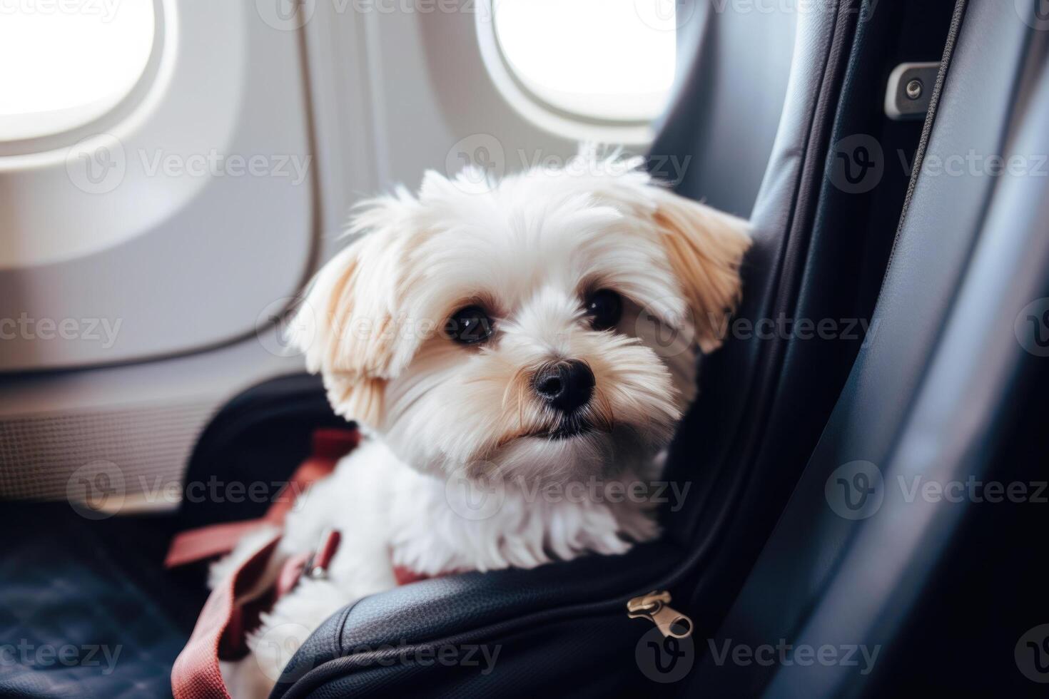 Dog near window on board an airplane Traveling with pets. photo