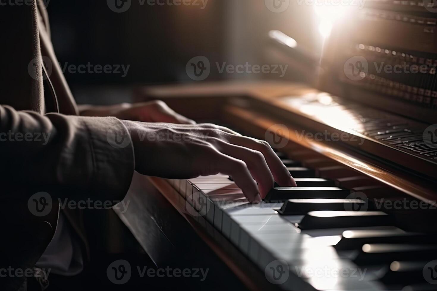 Musician hands on piano keyboard. Classical music instrument. photo