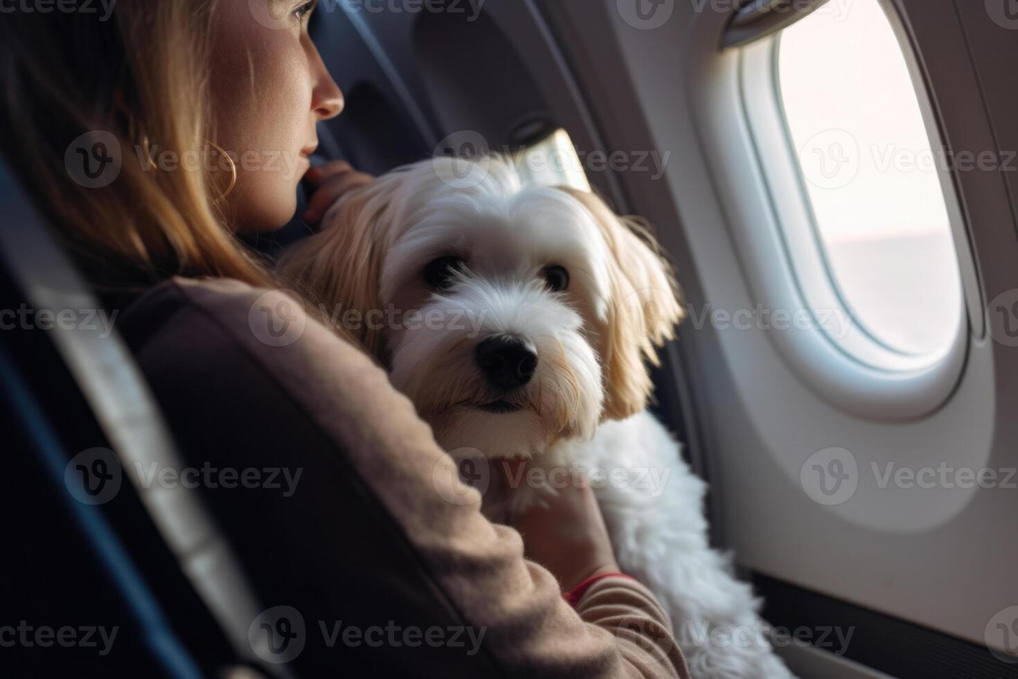 Dog near window on board an airplane Traveling with pets. photo