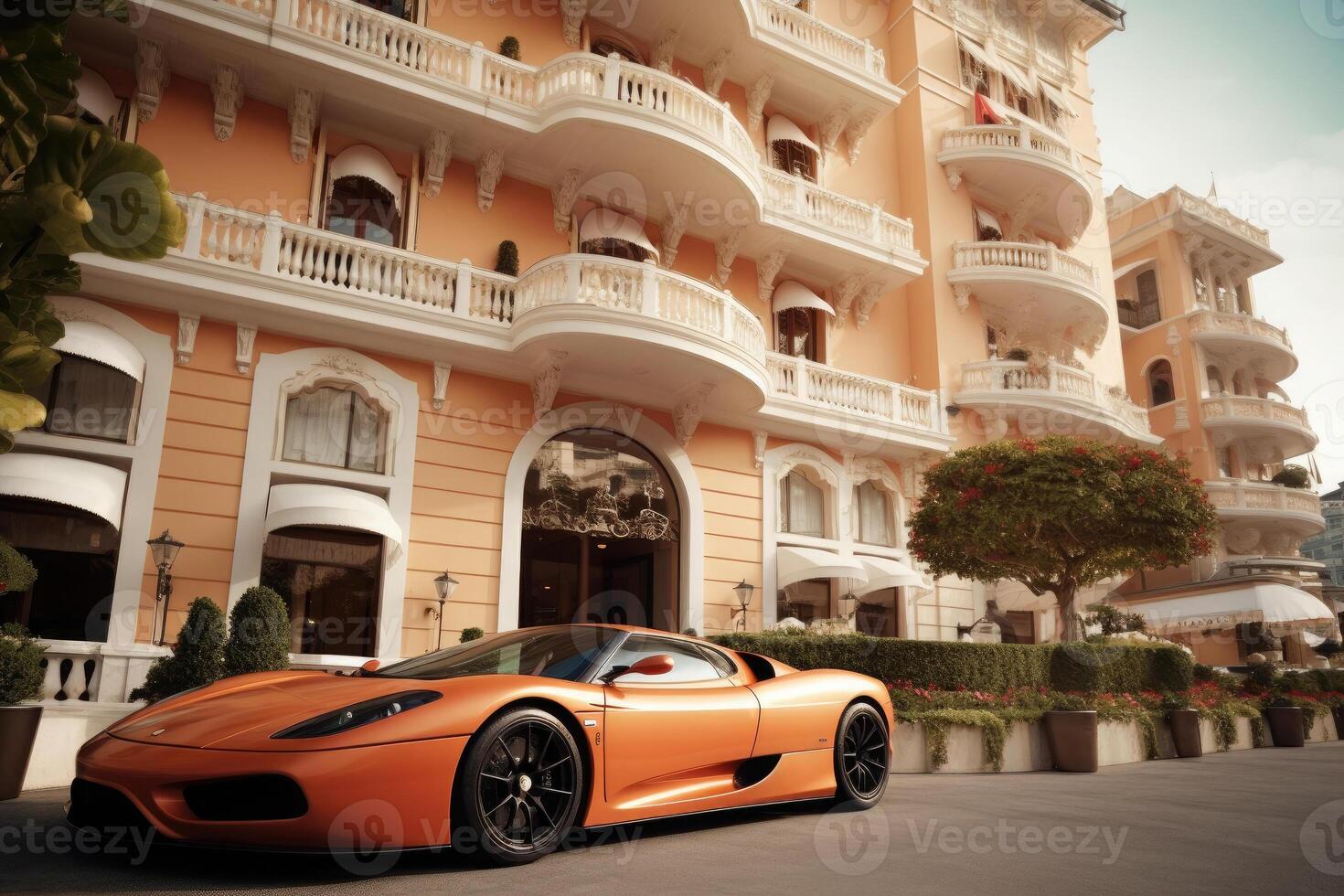 Modern sportcar parking near luxury hotel. photo