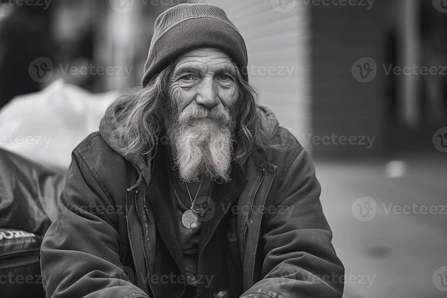 Vagabundo hombre retrato. Envejecido barbado hombre. generativo ai foto