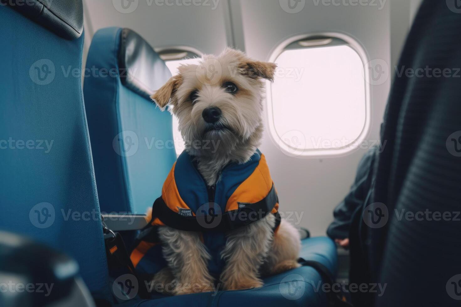 Dog near window on board an airplane Traveling with pets. photo