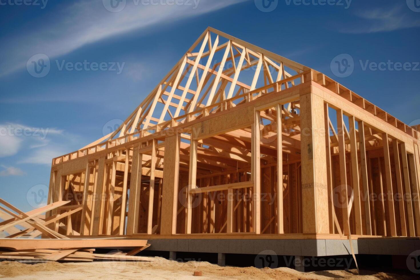 New house construction. Wooden frame with truss, post and beams. photo