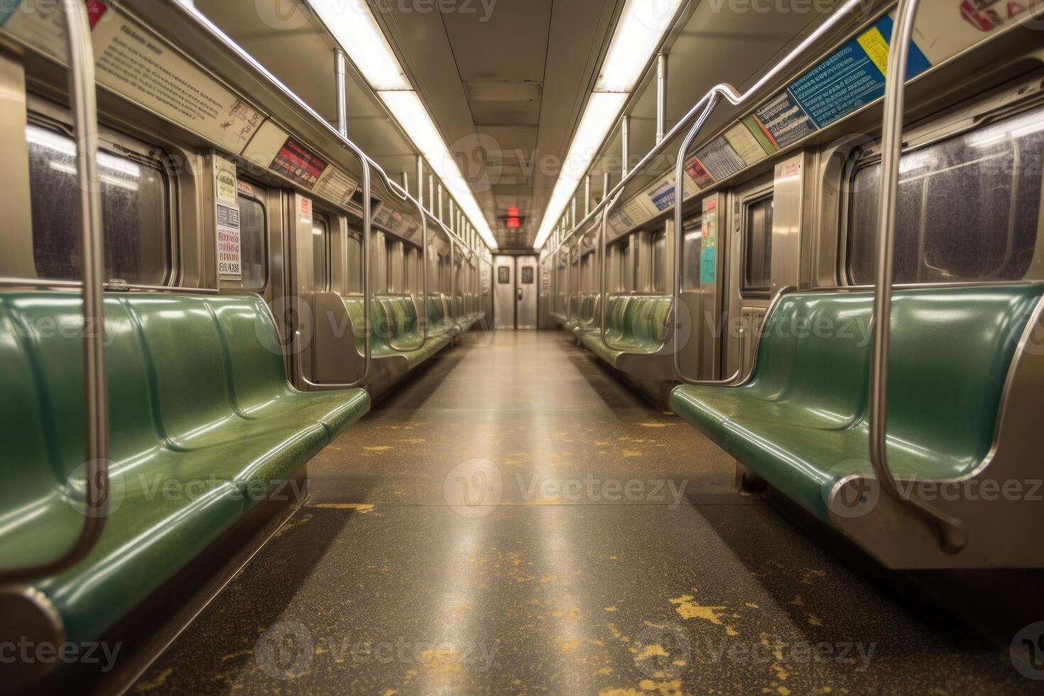 Interior of empty subway train wagon. Public transport. photo