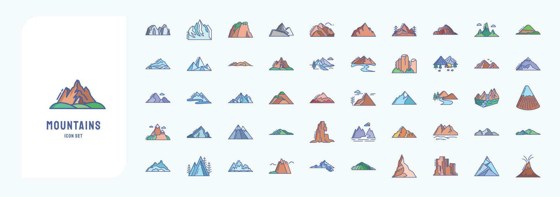 montañas y colinas paisaje, incluso íconos me gusta bloquear montaña, cayó, colina, y más vector