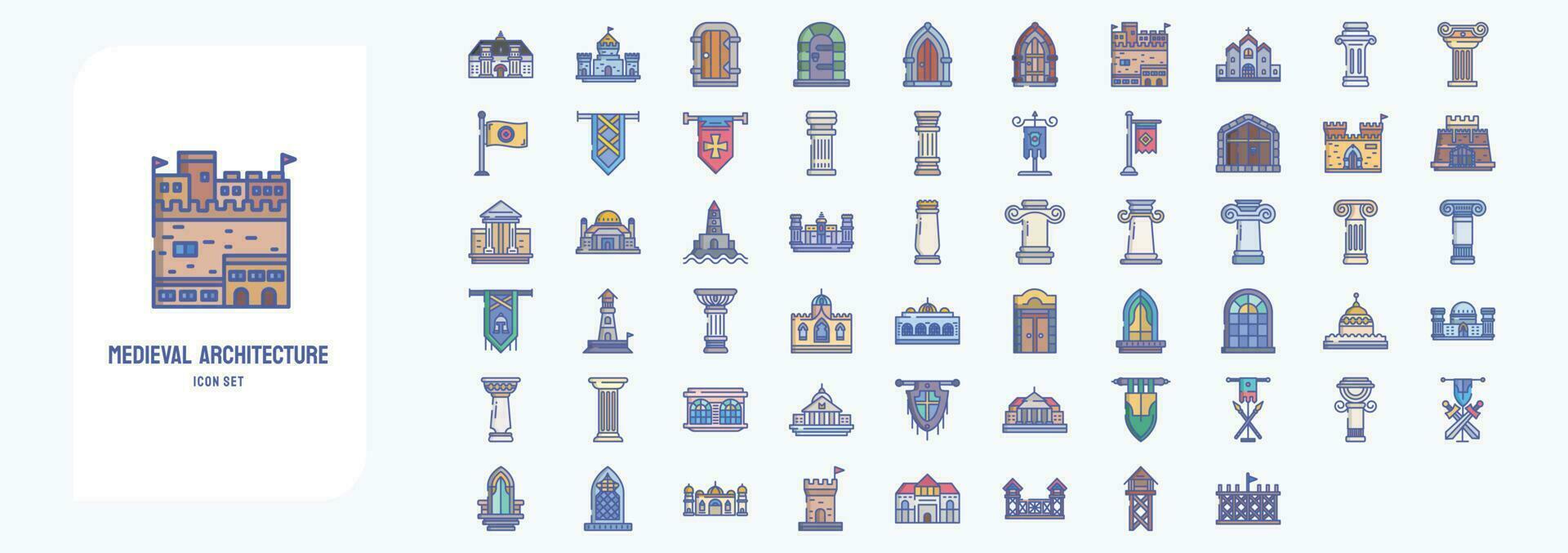 Medieval architecture, including icons like Castle, Corinthian pillar, Fort, Palace and more vector