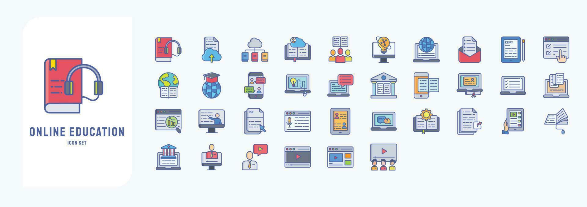 Collection of icons related to Online Education, including icons like Audio Book, Cloud Library, Examination, Graduation and more vector