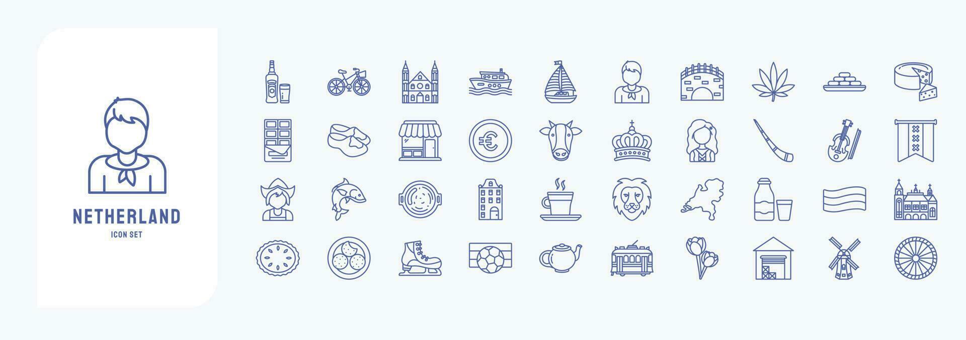 Netherland, including icons like Beer, Bicycle, Canal, Boat and more vector