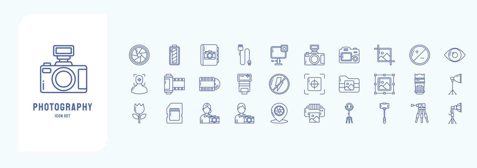 Collection of icons related to Photography, including icons like Camera, Film, Photographer, Cropping and more vector