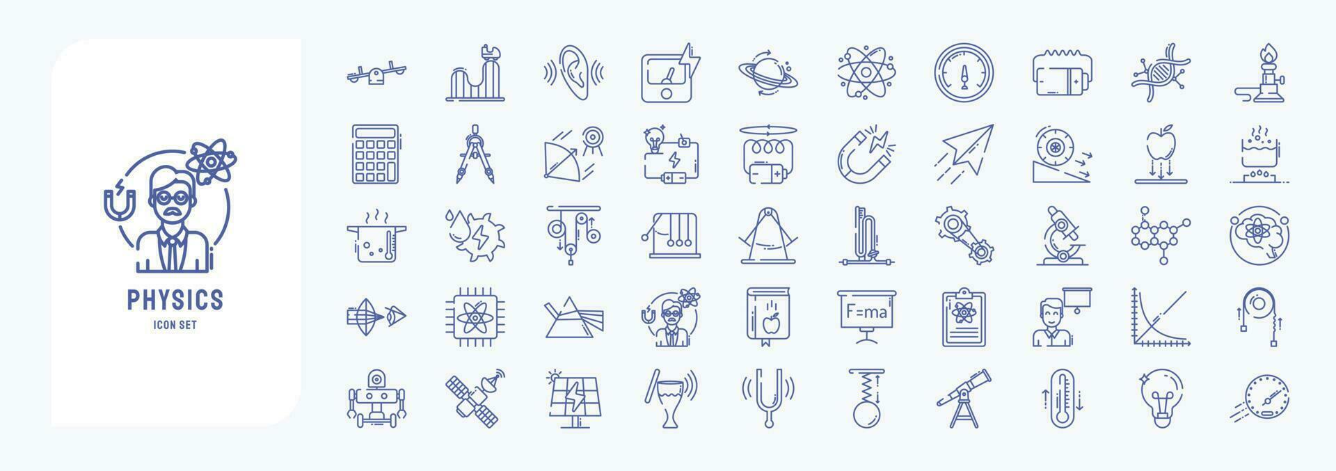 Collection of icons related to Physics and science, including icons like atom, Ammeter, Burner, Gravity and more vector