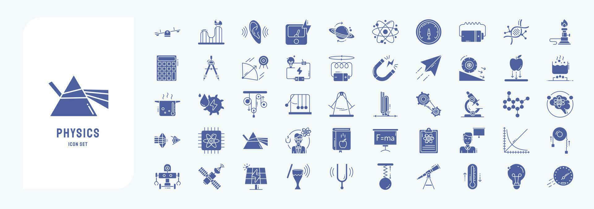 Collection of icons related to Physics and science, including icons like atom, Ammeter, Burner, Gravity and more vector