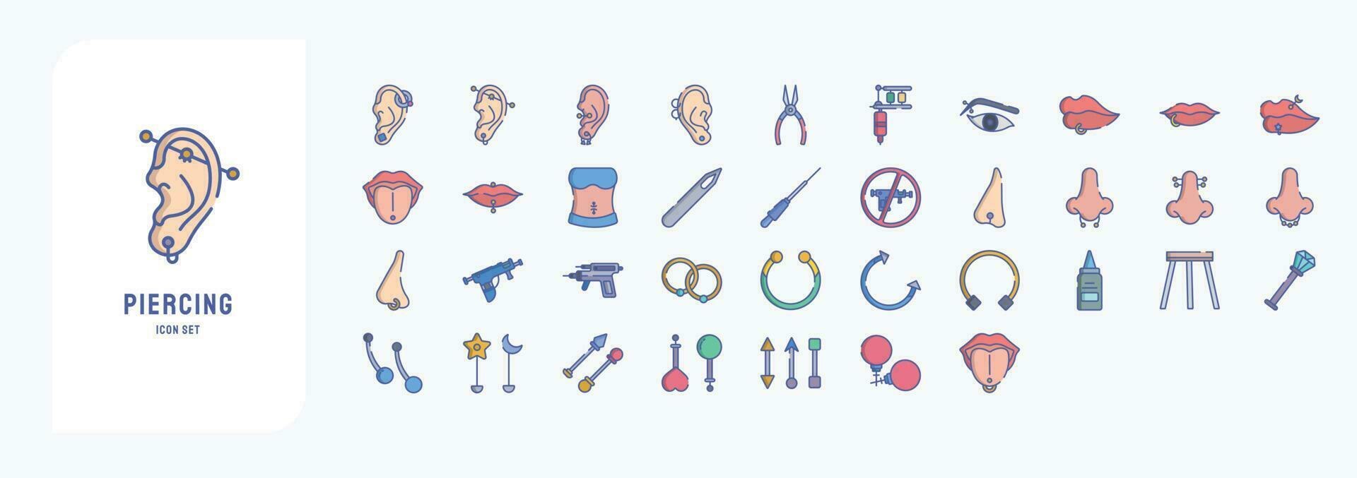 Collection of icons related to Piercing, including icons like Ear piercing, Nose, Ring and more vector
