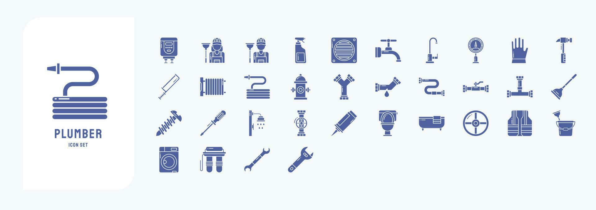 Collection of icons related to Plumber, including icons like Boiler, Cleaner, Faucet, Drainage and more vector