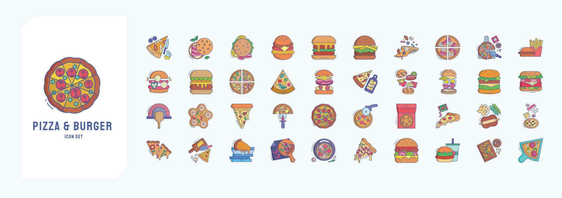 colección de íconos relacionado a Pizza y hamburguesa, incluso íconos me gusta pizza, papas fritas, hamburguesa, monos y más vector
