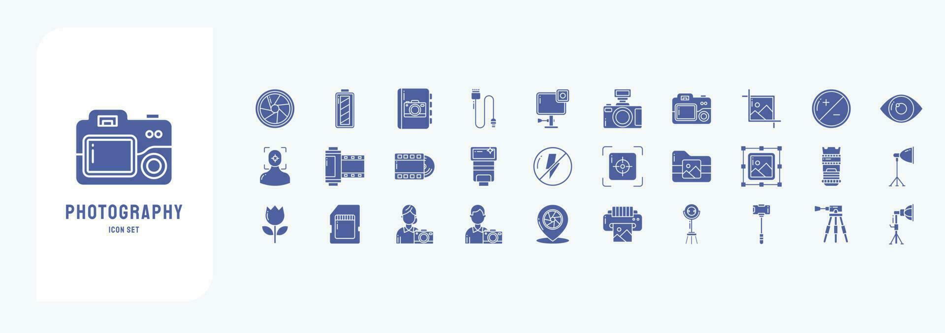 Collection of icons related to Photography, including icons like Camera, Film, Photographer, Cropping and more vector