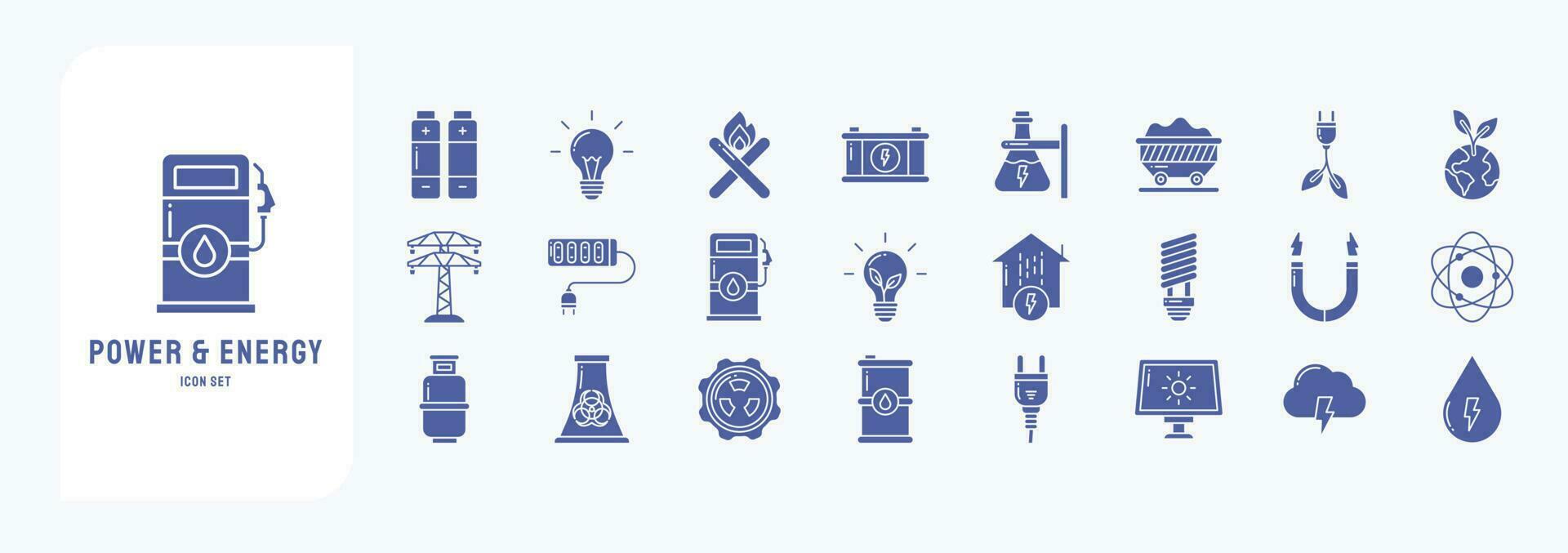colección de íconos relacionado a poder y energía, incluso íconos me gusta batería, bulbo, eléctrico fuerza, ecología y más vector