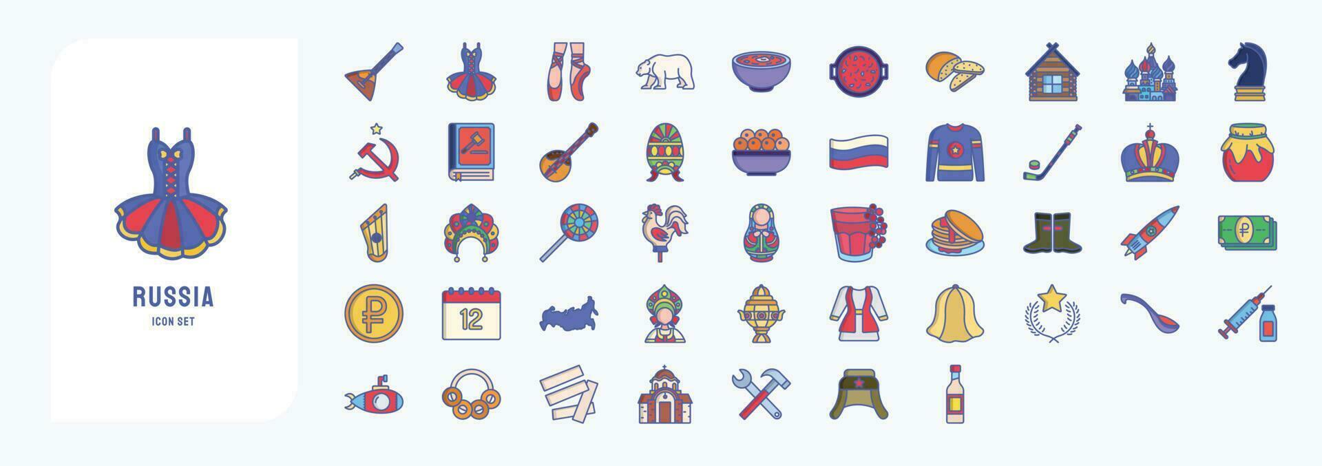 Collection of icons related to Russia, including icons like Pancakes, Hokey and more vector