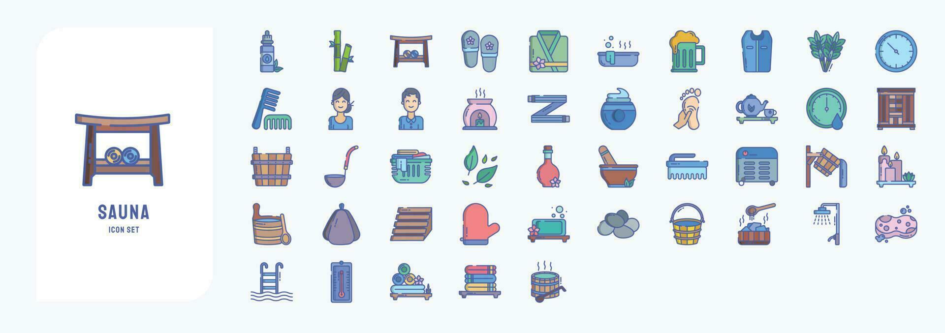 Collection of icons related to Sauna and spa, including icons like Bamboo, Bath Bench, Bathrobe, Bathtub and more vector