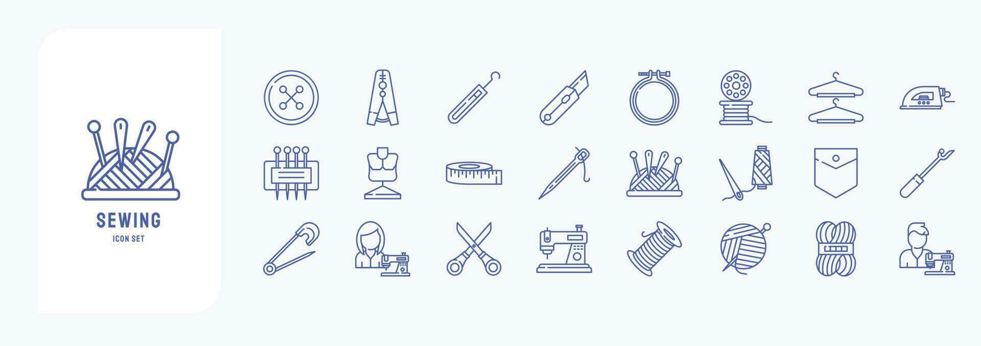 Collection of icons related to Sewing, including icons like Button, Cloths pin, Crochet, Embroidery hoop and more vector