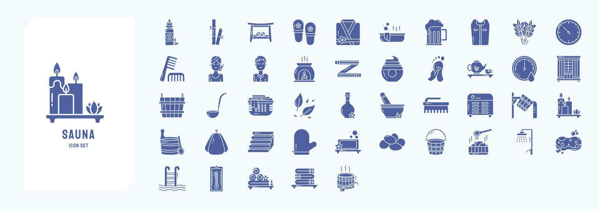 Collection of icons related to Sauna and spa, including icons like Bamboo, Bath Bench, Bathrobe, Bathtub and more vector