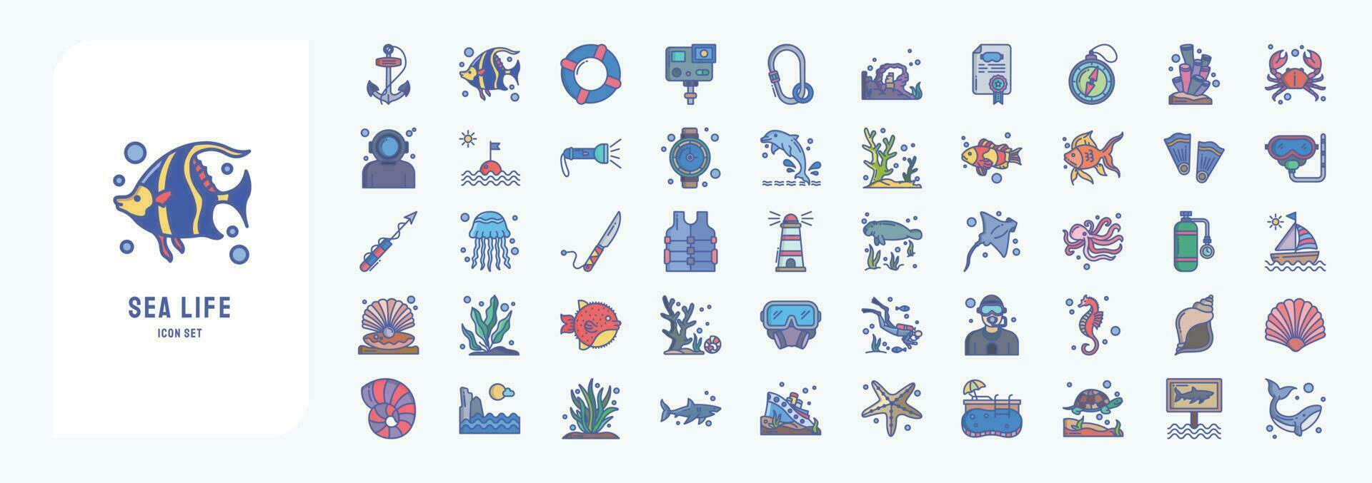 Collection of icons related to Sea Life, including icons like Anchor, fish, Coral, Diving Helmet, Dolphin and more vector