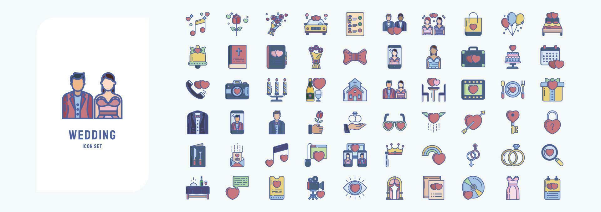 Collection of icons related to Wedding, including icons like Bowtie, Bouquet, Church, Couple and more vector