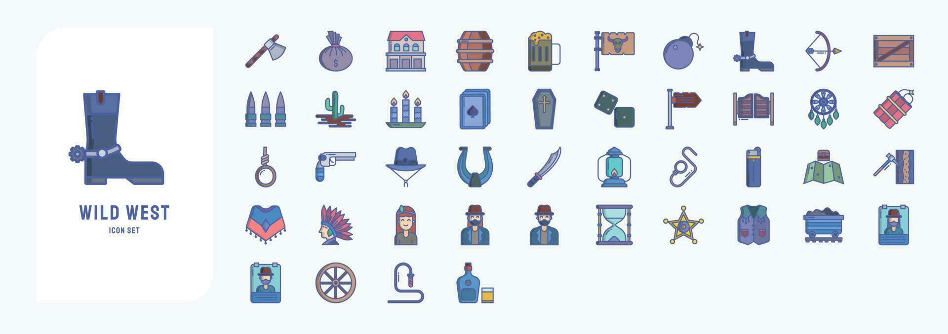 colección de íconos relacionado a salvaje Oeste y vaquero, incluso íconos me gusta pistola, horca, herradura, cuchillo y más vector