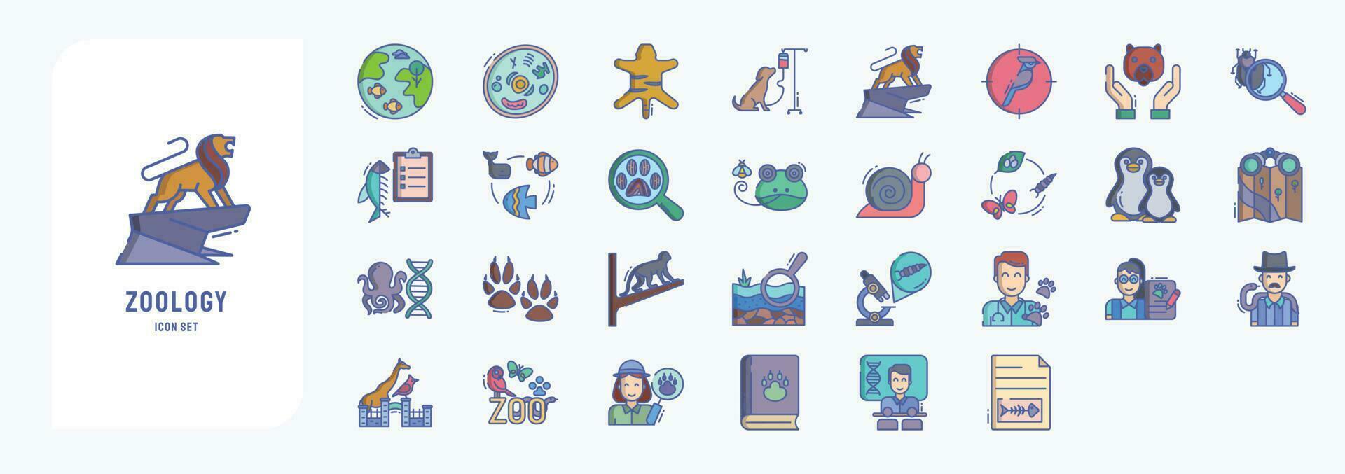 Collection of icons related to Zoology, including icons like Animal cell, Animal, Birds, Ichthyology and more vector