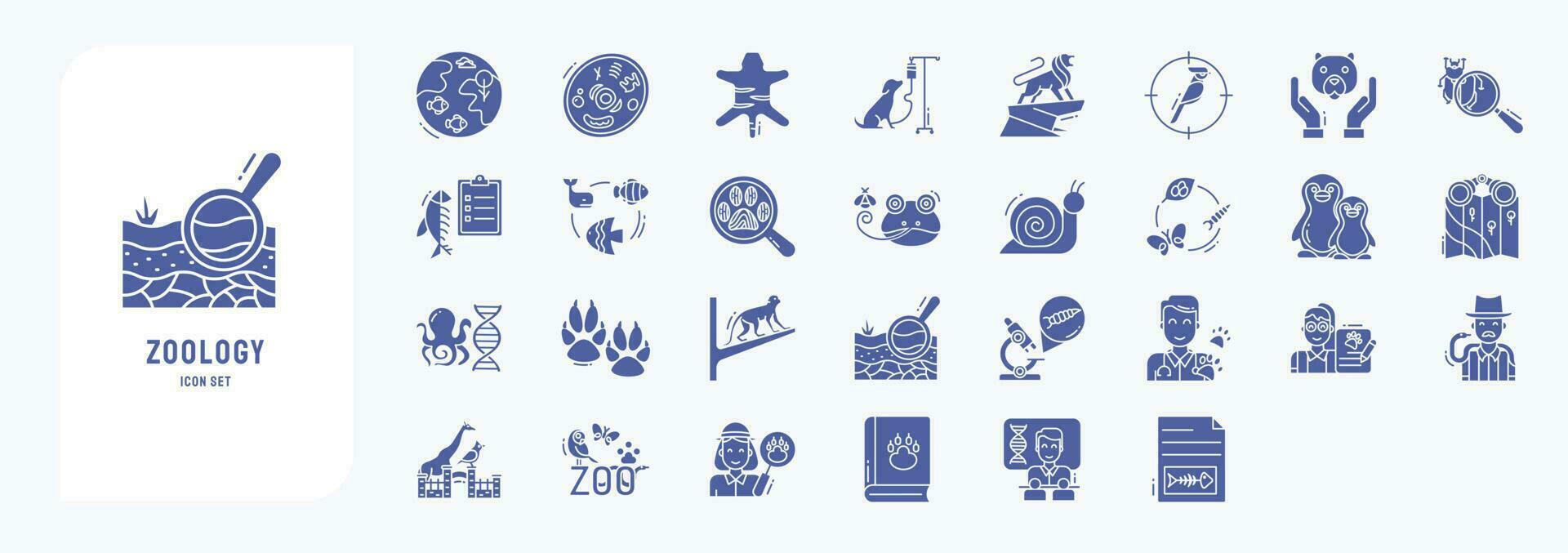 Collection of icons related to Zoology, including icons like Animal cell, Animal, Birds, Ichthyology and more vector