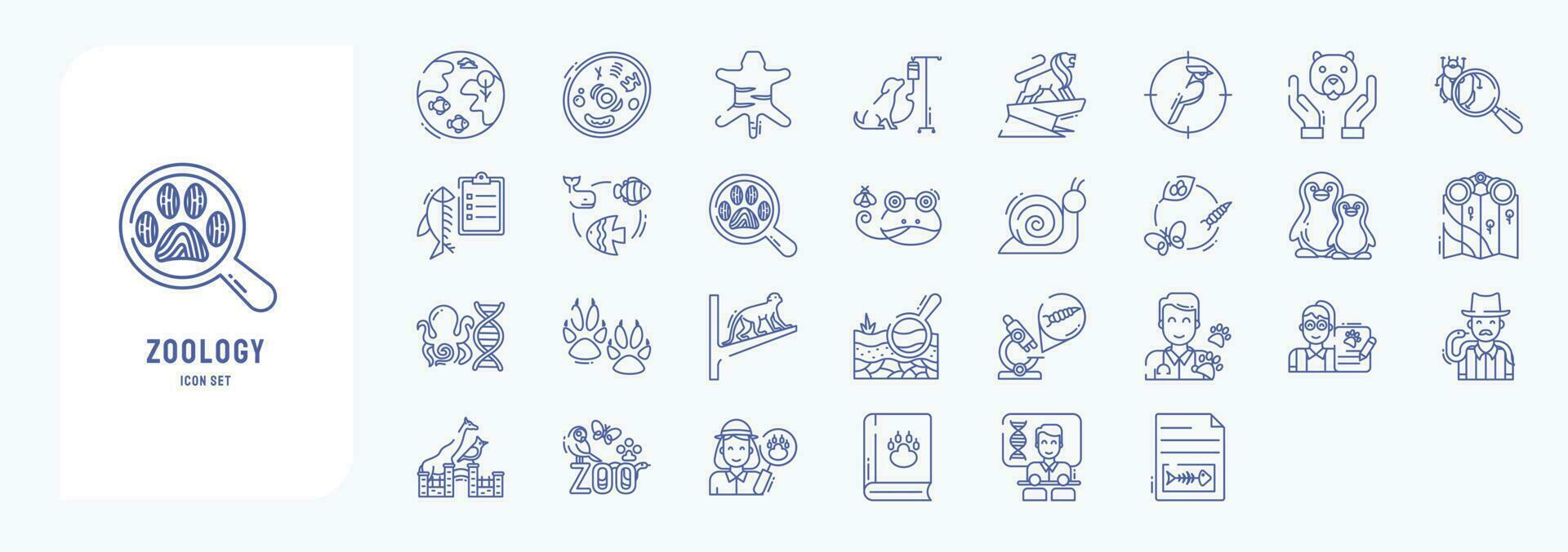 Collection of icons related to Zoology, including icons like Animal cell, Animal, Birds, Ichthyology and more vector