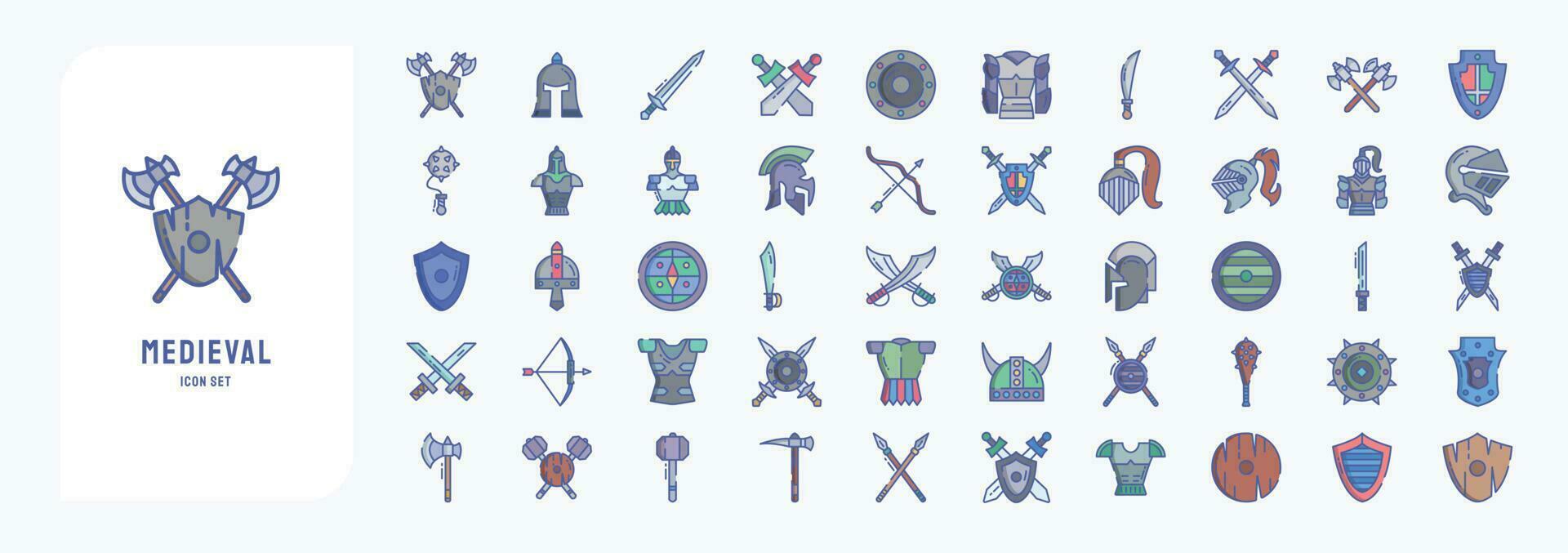 Medieval and kingdoms, including icons like Armor, Roman Helm, War and more vector
