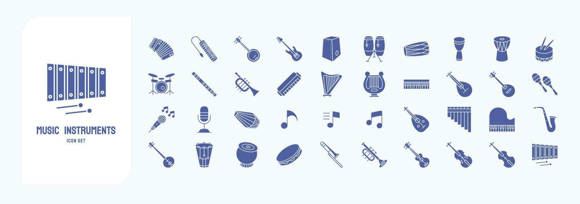 música instrumentos, incluso íconos me gusta acordeón, banjo, bajo guitarra, conga y más vector