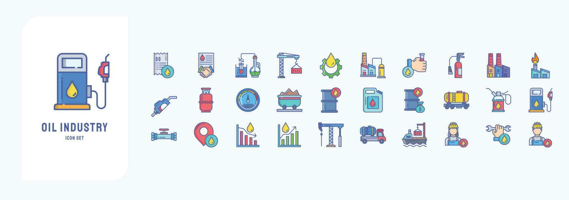 Collection of icons related to Oil Industry, including icons like Bill, Business, Crane, Experiment and more vector