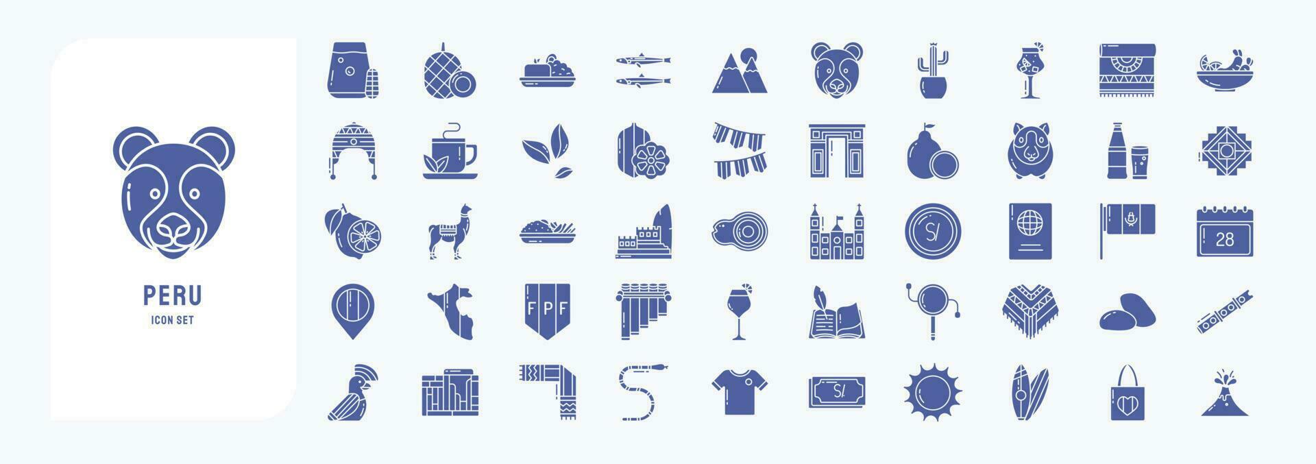 Collection of icons related to Peru, including icons like Anchovy, Bear, Cactus, Cocoa, Guinea Pig and more vector